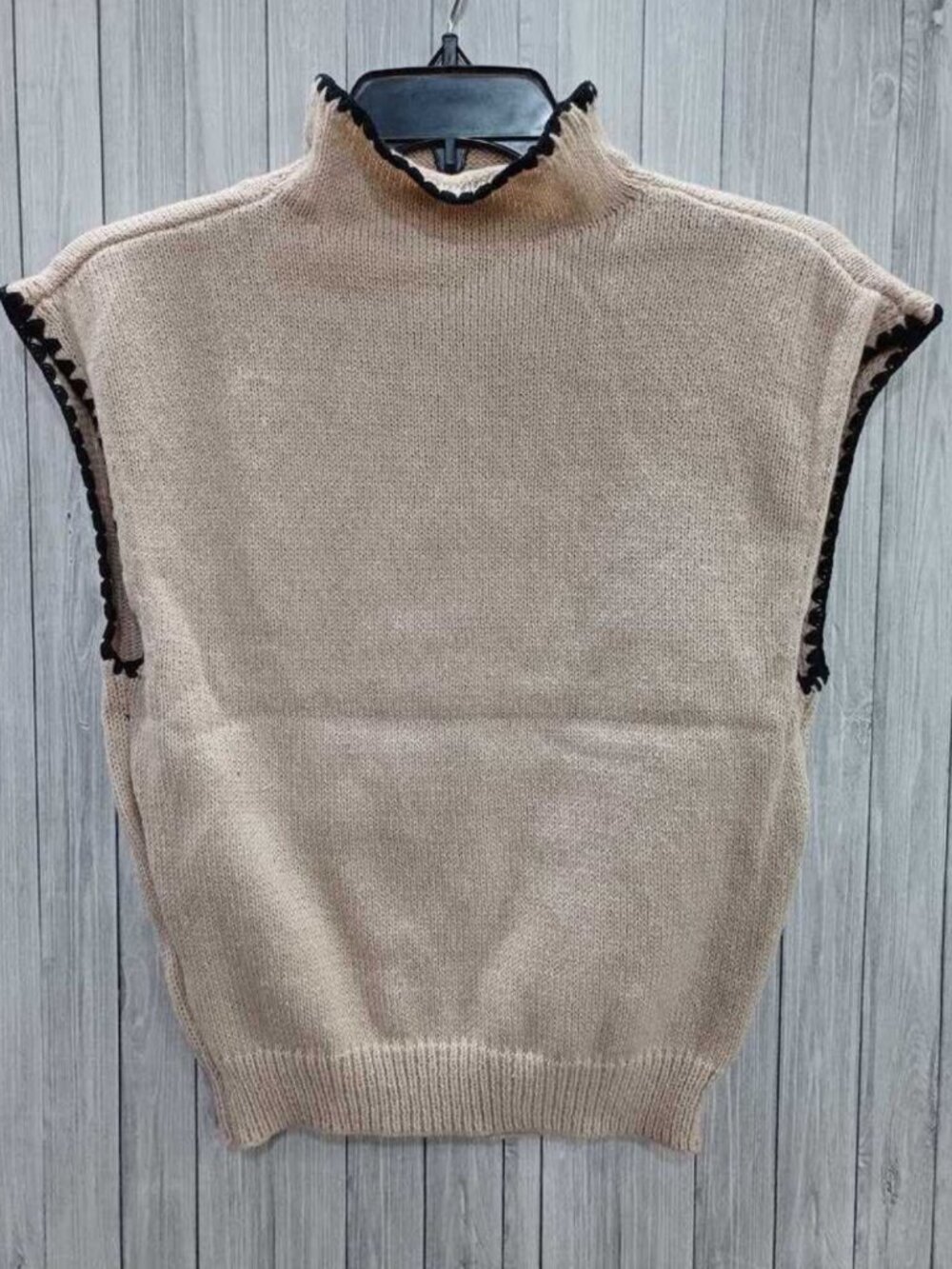 Women's Beige Mock Neck Knit Sweater Vest Cap Sleeve Lightweight Pullover Top - Picture 4 of 7